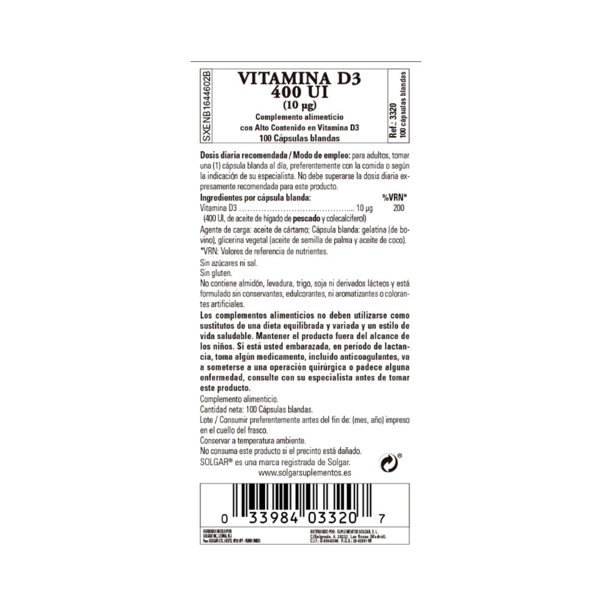 Vitamina D3 400 UI, 100 pérolas de 10g