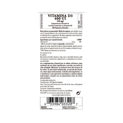 Vitamina D3 400 UI, 100 pérolas de 10g