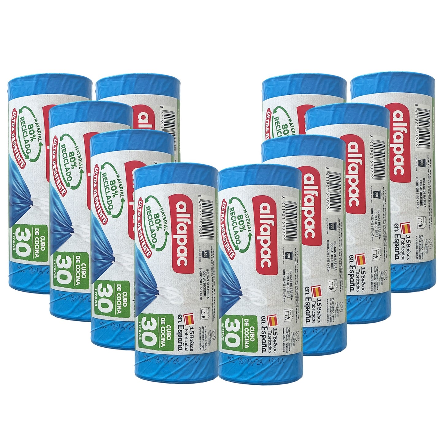 80% Reciclado 10 Rollos De 15 Bolsas De Basura  30l Con Autocierre