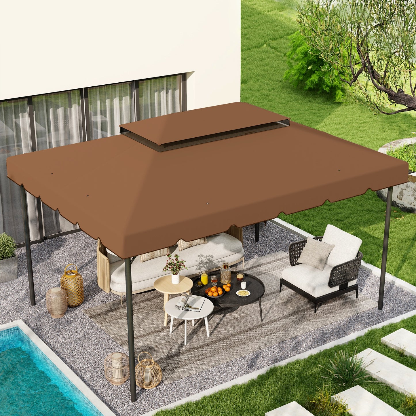 Outsunny Techo De Repuesto Para Cenador 4x3 M Con Doble Techo Café_1