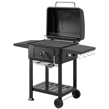 Outsunny Barbacoa De Carbón Con Gran Parrilla Bandeja Ajustable Estantes Ruedas_0
