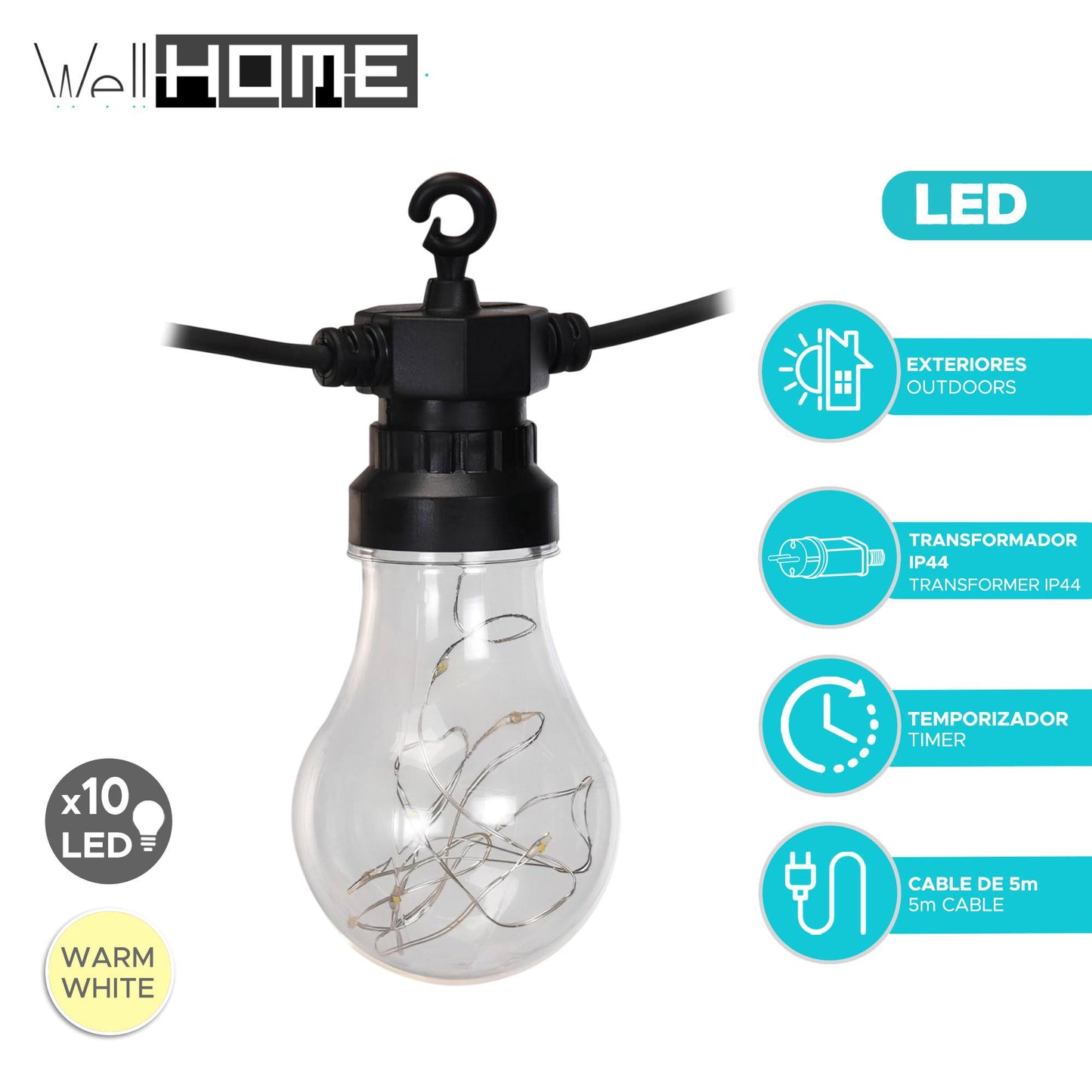 Well Home Guirnalda De 10 Luces Led Blanca Cálida Con Temporizador 450cm_1