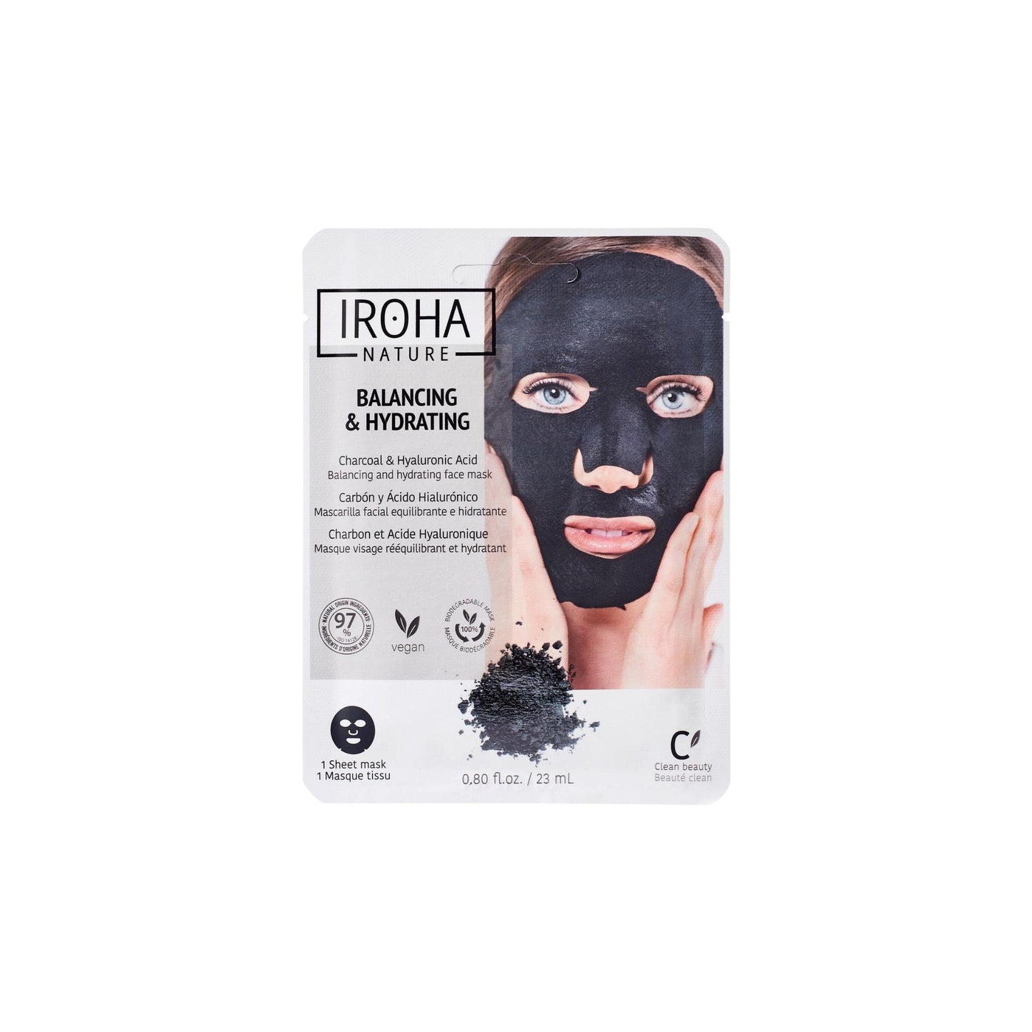 Máscara facial reequilibrante e hidratante de carvão e ácido hialurónico Iroha Nature 23ml