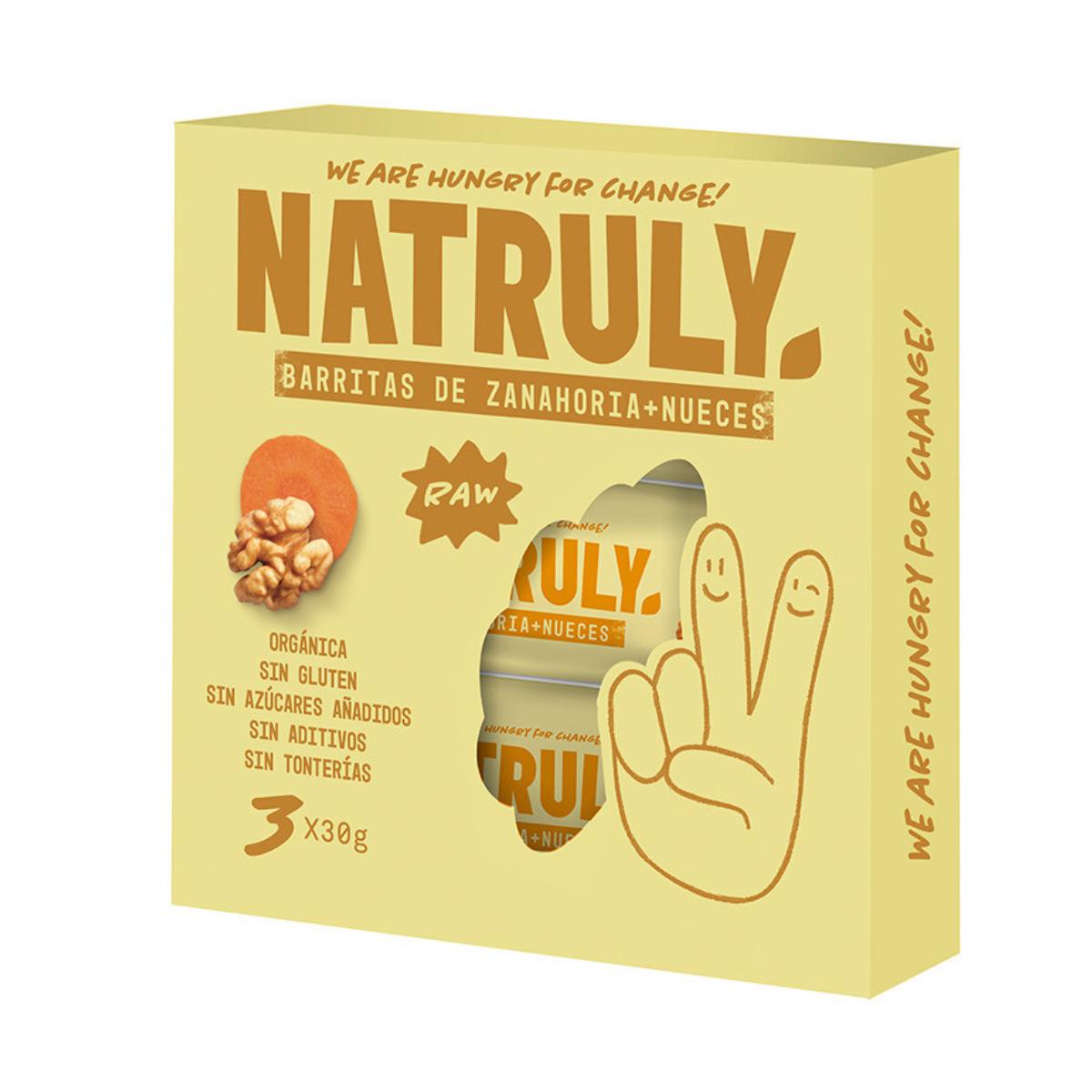 Embalagem de 3 barras de cenoura e nozes biológicas Natruly Raw de 30 g