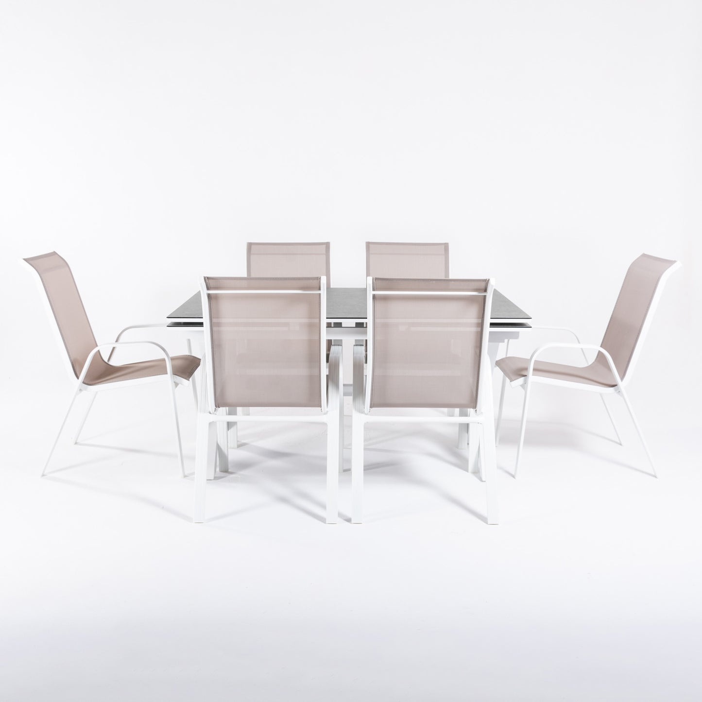 Conjunto De Mesas Y Sillas Apilables Para Terraza, Mesa Extensible 150 A 250 Cm, Aluminio Y Cristal, Color Blanco_2