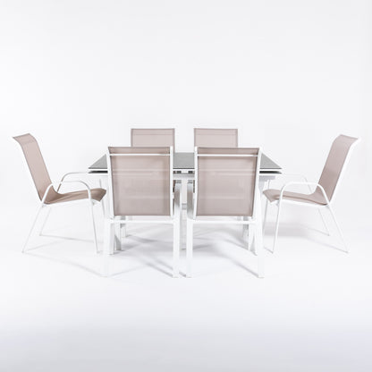 Conjunto De Mesas Y Sillas Apilables Para Terraza, Mesa Extensible 150 A 250 Cm, Aluminio Y Cristal, Color Blanco_2