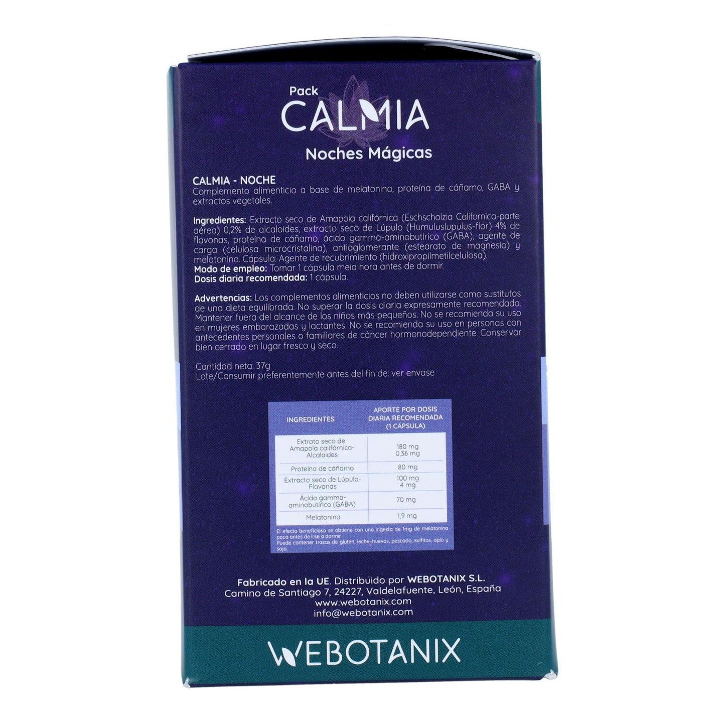 Embalagem de 2 cápsulas Calmia Night Cannabis Melatonina 120 cápsulas + máscara de olhos Webotanix