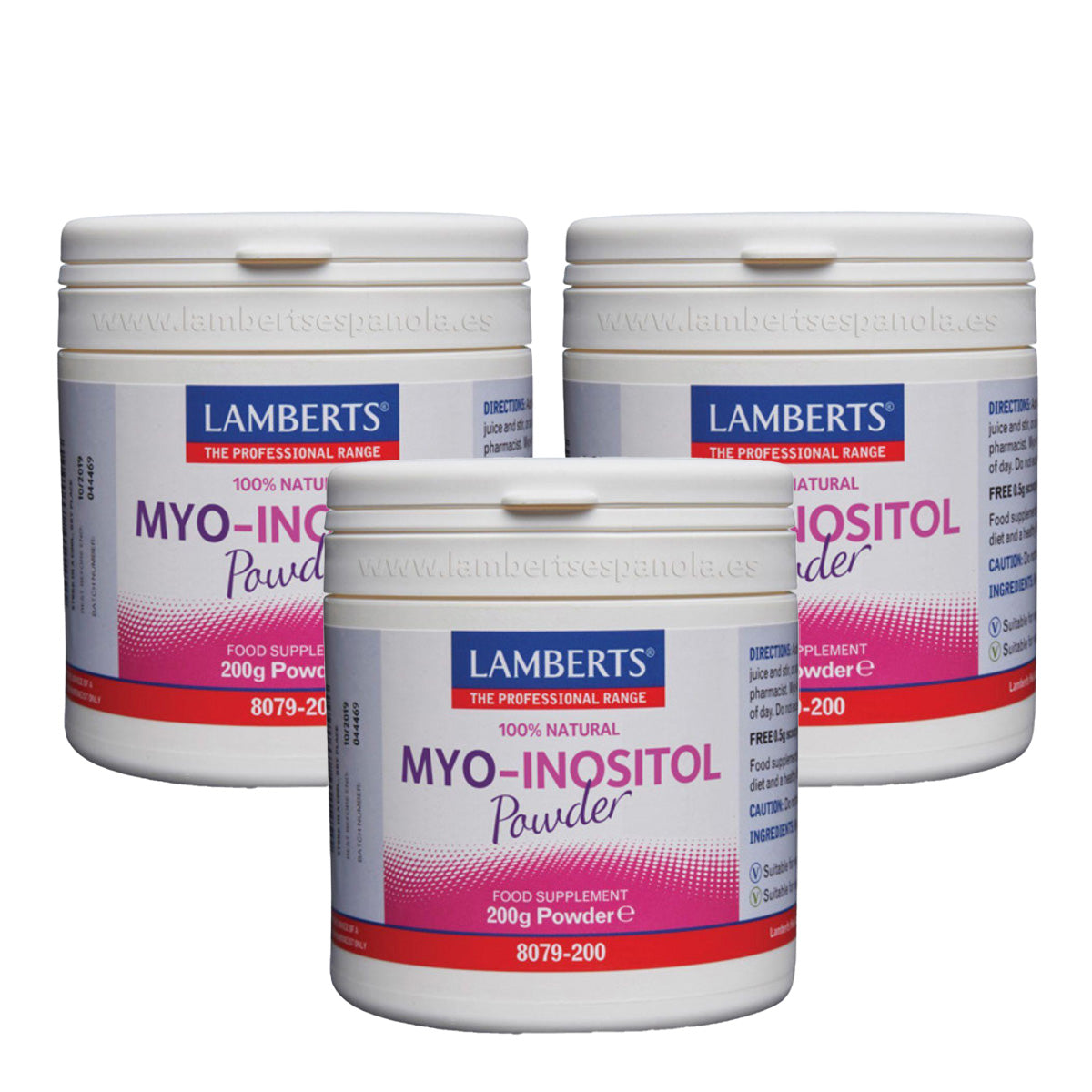 Embalagem de 3x pó de inositol MYO, Lamberts, 200 g