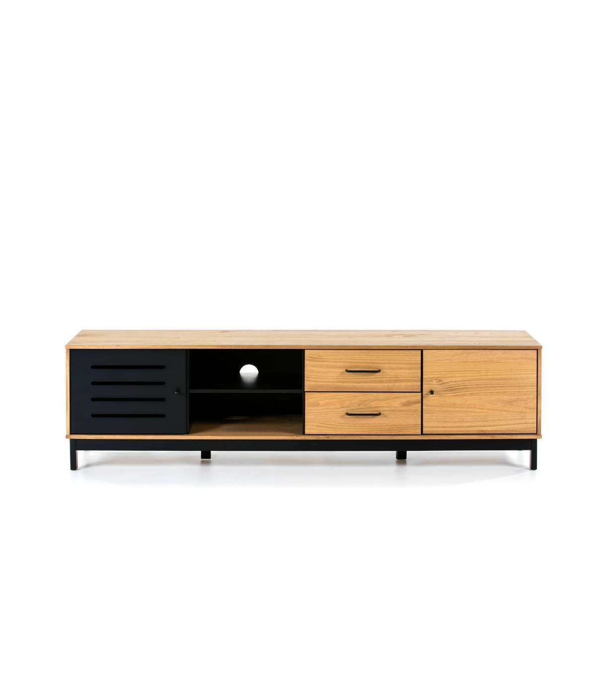 Mueble Para Televisión Modelo Alcoy 2 Puertas, 2 Huecos Y 2 Cajones Acabado Cera/negro, 186.5cm(ancho) 50.5cm(alto) 37cm(fondo)_1