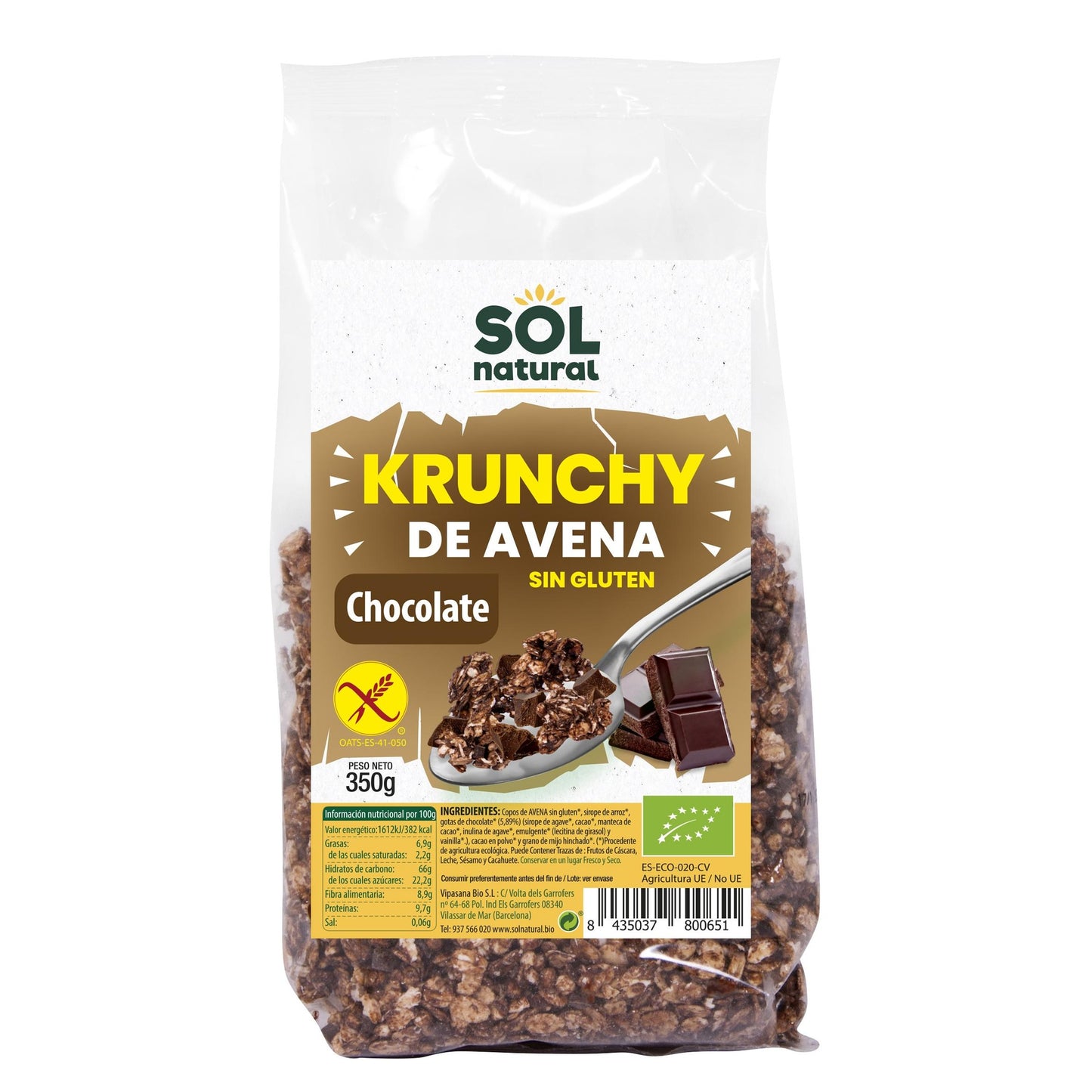 Cereais de aveia crocantes sem glúten com chocolate biológico Sol Natural 350 g
