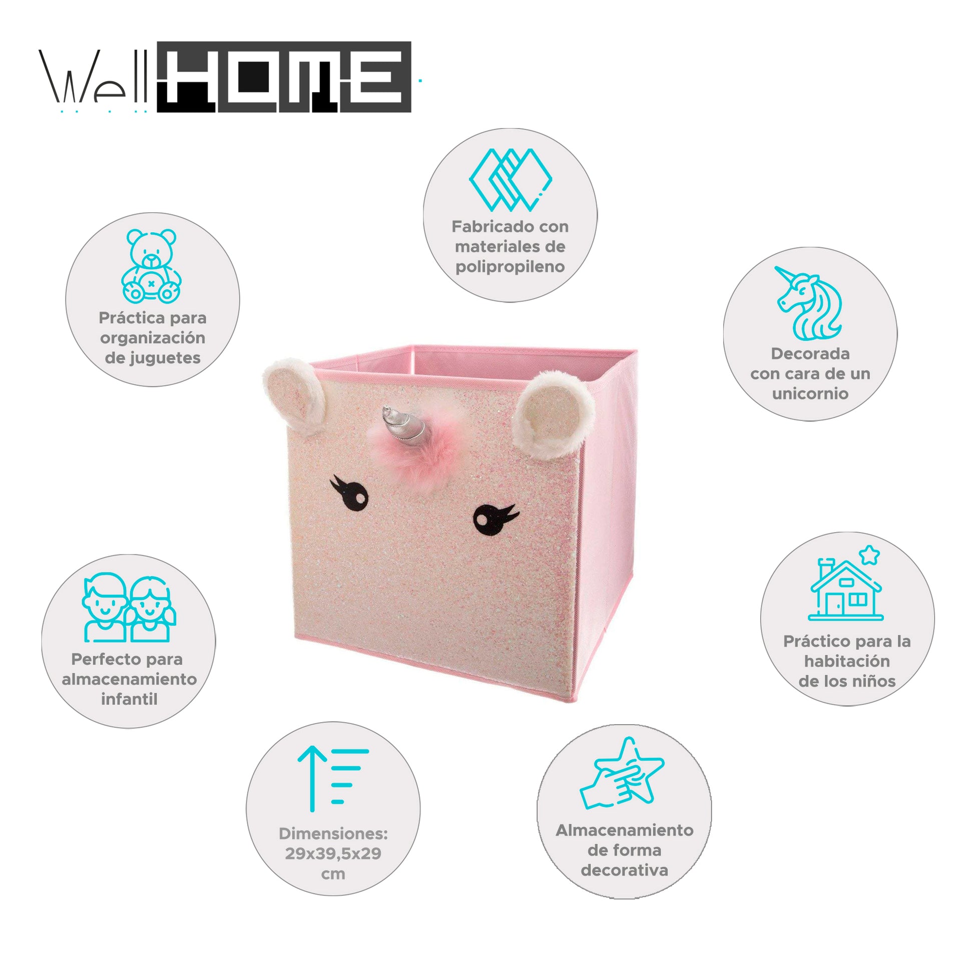Wellhome Caja Almacenamiento Infantil Unicornio Rosa 29x39,5x29cm_1