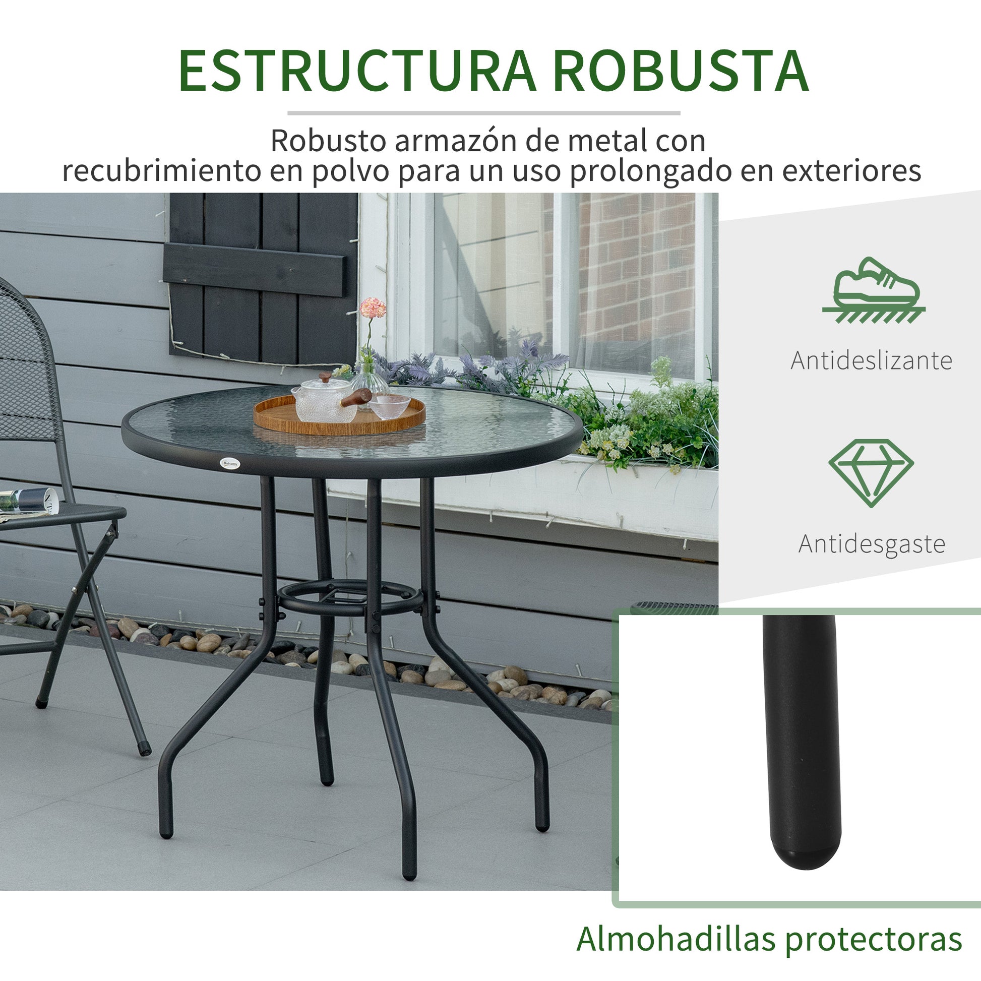 Outsunny Mesa De Jardín Redonda Ø80x72 Cm Con Agujero Para Sombrilla Negro_5