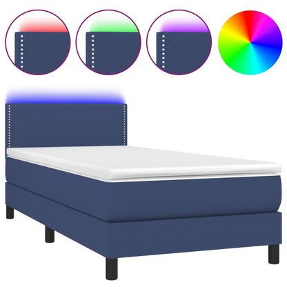 Cama Box Spring Colchón Y Luces Led Tela Azul 90x200 Cm / Vetonek_0