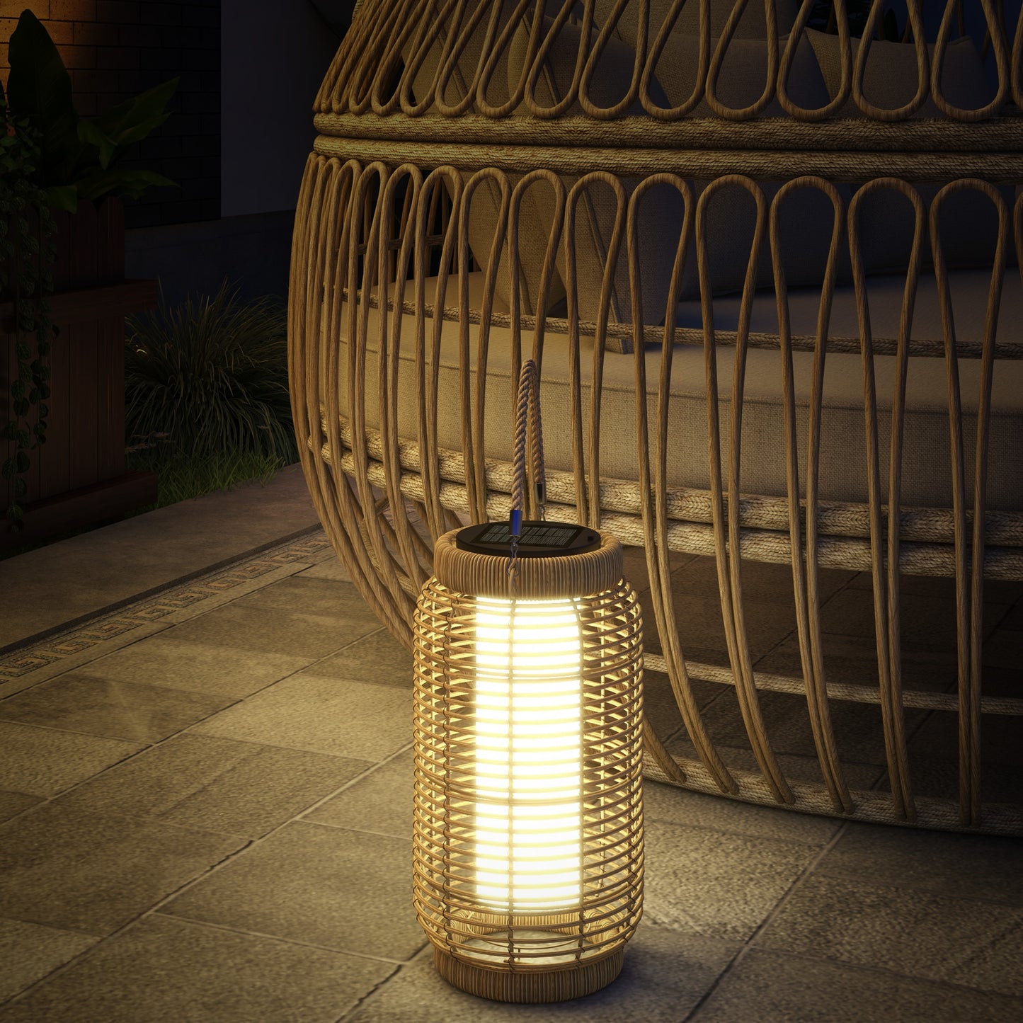 Outsunny Linterna De Jardín De Ratán Con Panel Solar Luces Led Ø18x37 Cm Arena_1