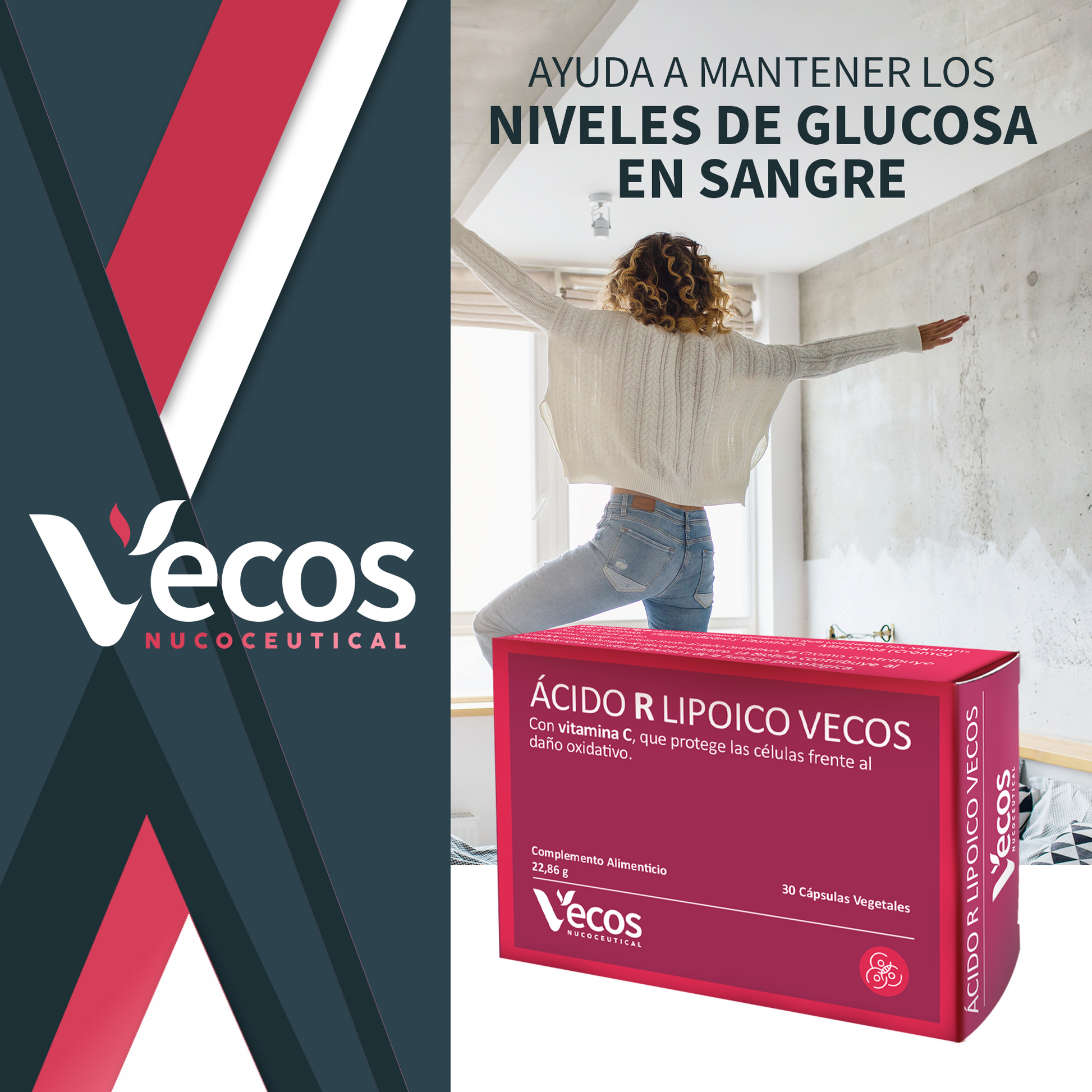Ácido R Lipoico 600 mg VECOS (30 cápsulas) | Potente antioxidante | Glucosa normal | Con Vitamina C, Biotina y Cromo_1