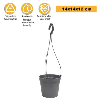 3 Macetas Cilíndricas Ø 14 Cm Con Ganchos, De Polipropileno Gris