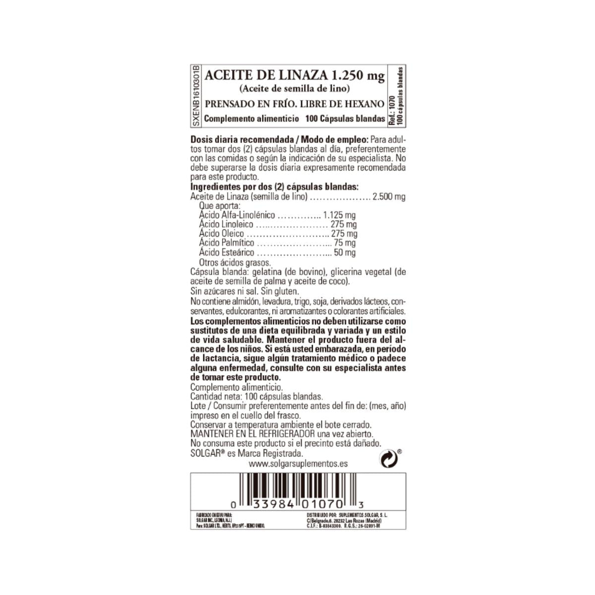 Óleo de Linhaça Solgar 100 pérolas 1250mg