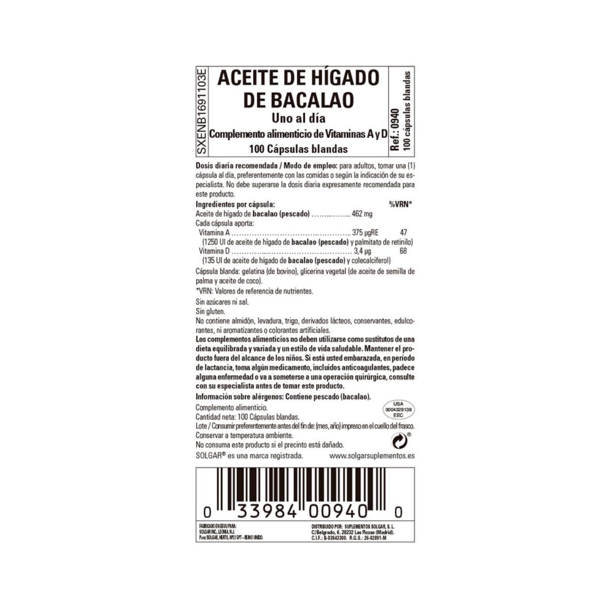 Óleo de fígado de bacalhau Solgar 100 cápsulas
