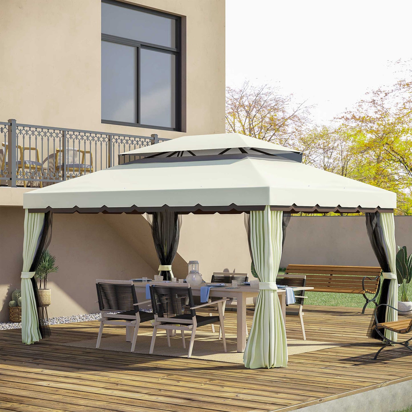 Outsunny Cenador De Jardín 4x3 M Con Doble Techo 4 Cortinas 4 Mosquiteras Crema_1