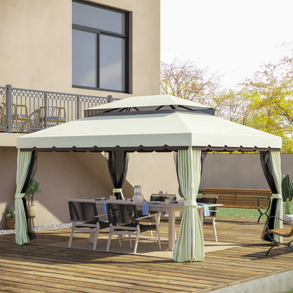 Outsunny Cenador De Jardín 4x3 M Con Doble Techo 4 Cortinas 4 Mosquiteras Crema_1