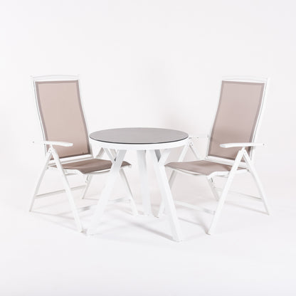 Conjunto De Mesas Y Sillas De Jardín, Redonda 70 Cm, Cristal Templado, Color Blanco + 2 Sillones Reclinables_2