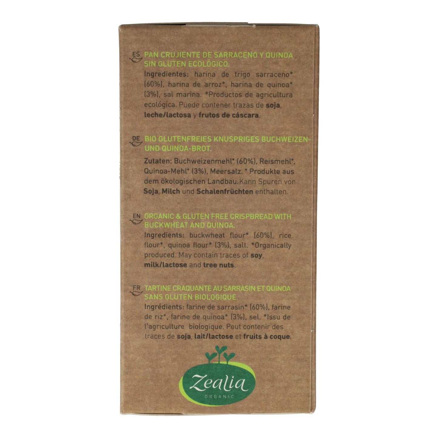 Bolachas de trigo sarraceno e quinoa biológica sem glúten Zealia 120 gr