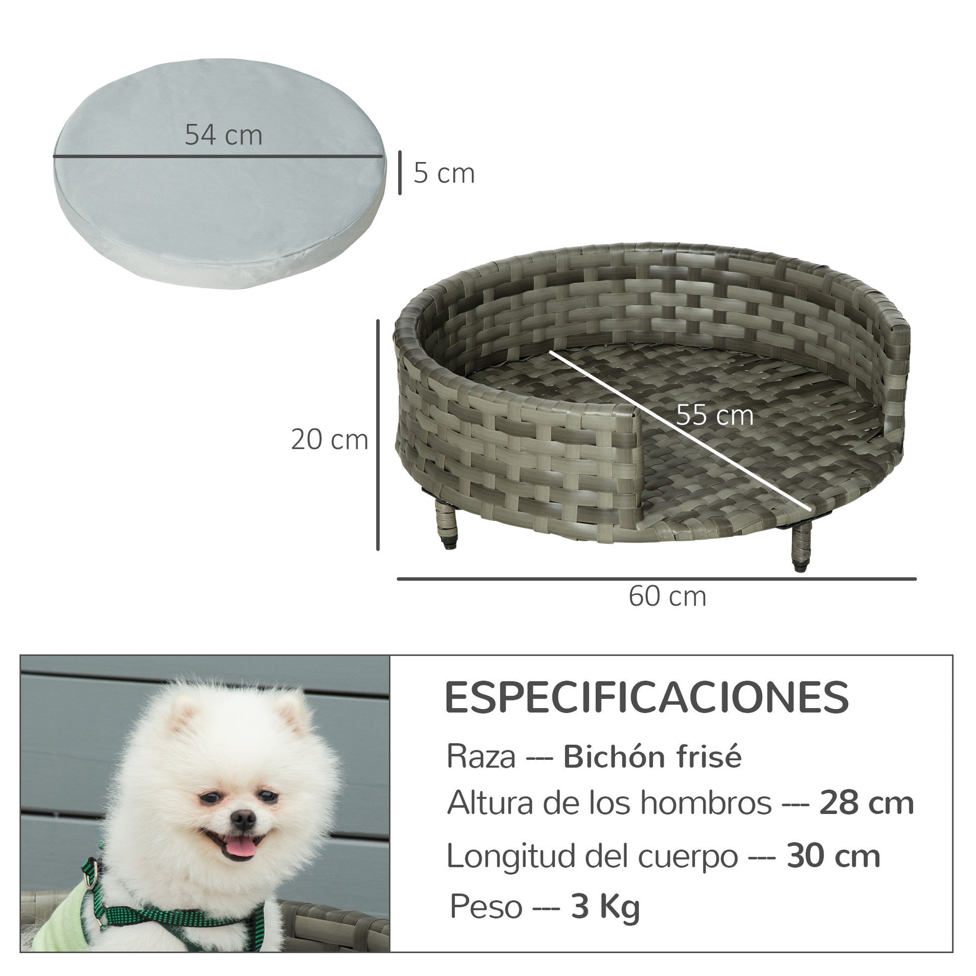 Pawhut Sofá Para Perros De Ratán Sintético Con Cojín Impermeable Ø60x20 Cm Gris_2