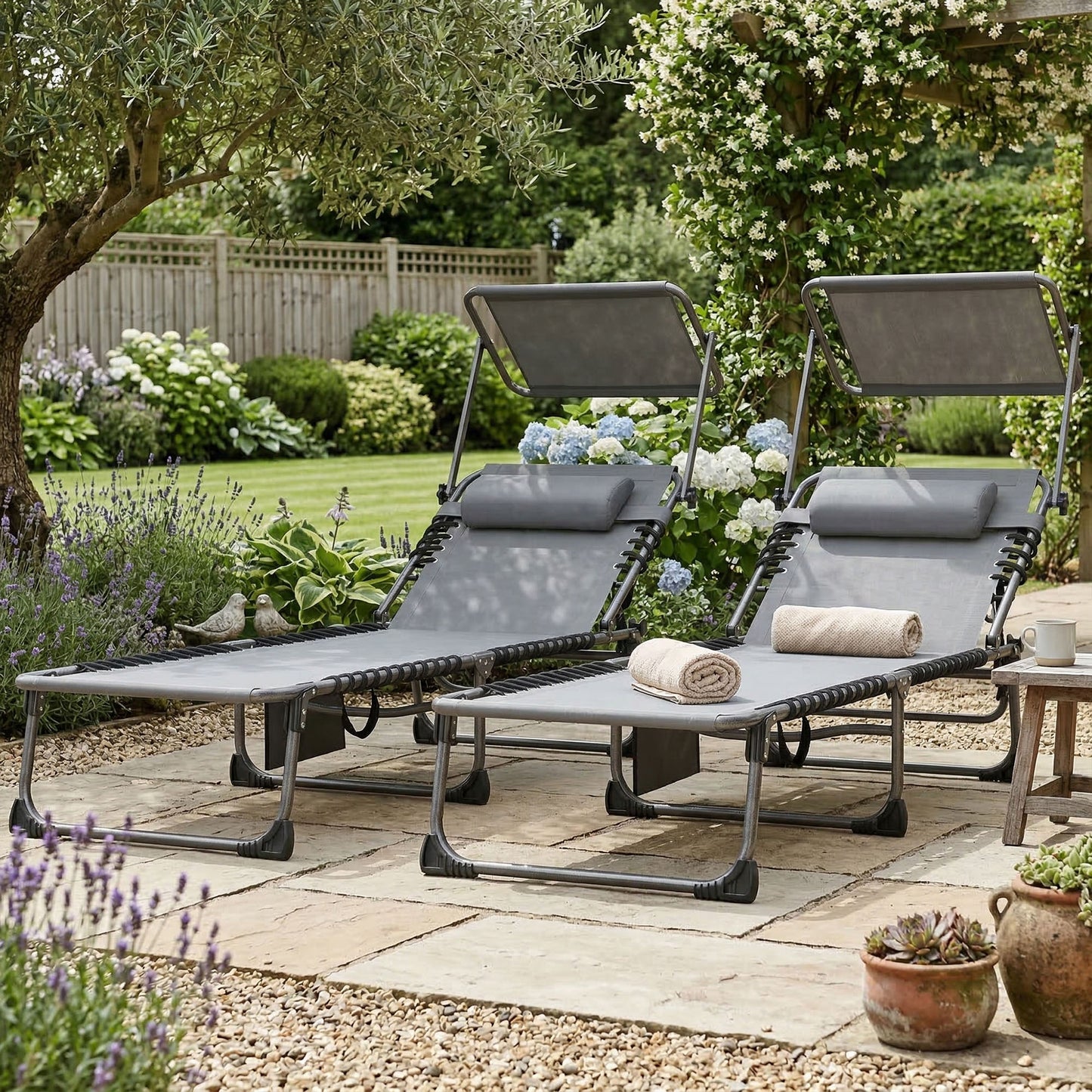 Outsunny Set De 2 Tumbonas Plegables Reclinables Con Parasol Y Bolsillo Lateral_3