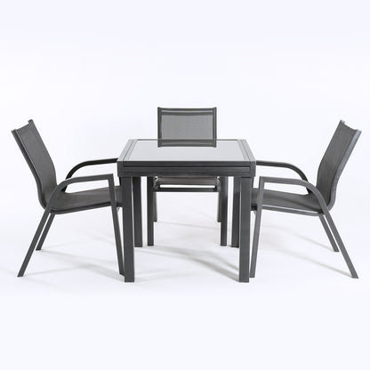 Conjunto Exterior Color Antracita, Mesa Extensible 80/160 Y 4 Sillones Apilables, Aluminio Reforzado, Textilene Plata Y Negro, 4 Plazas_3