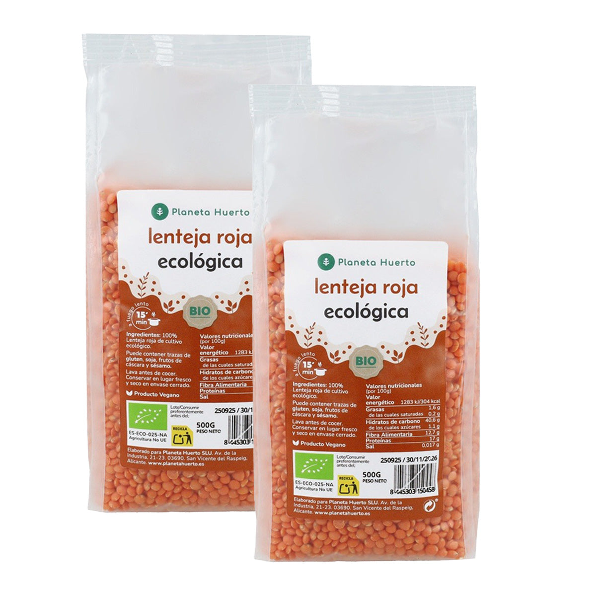 Pack de 2x Lentilhas Vermelhas ECO Planeta Huerto 500 g