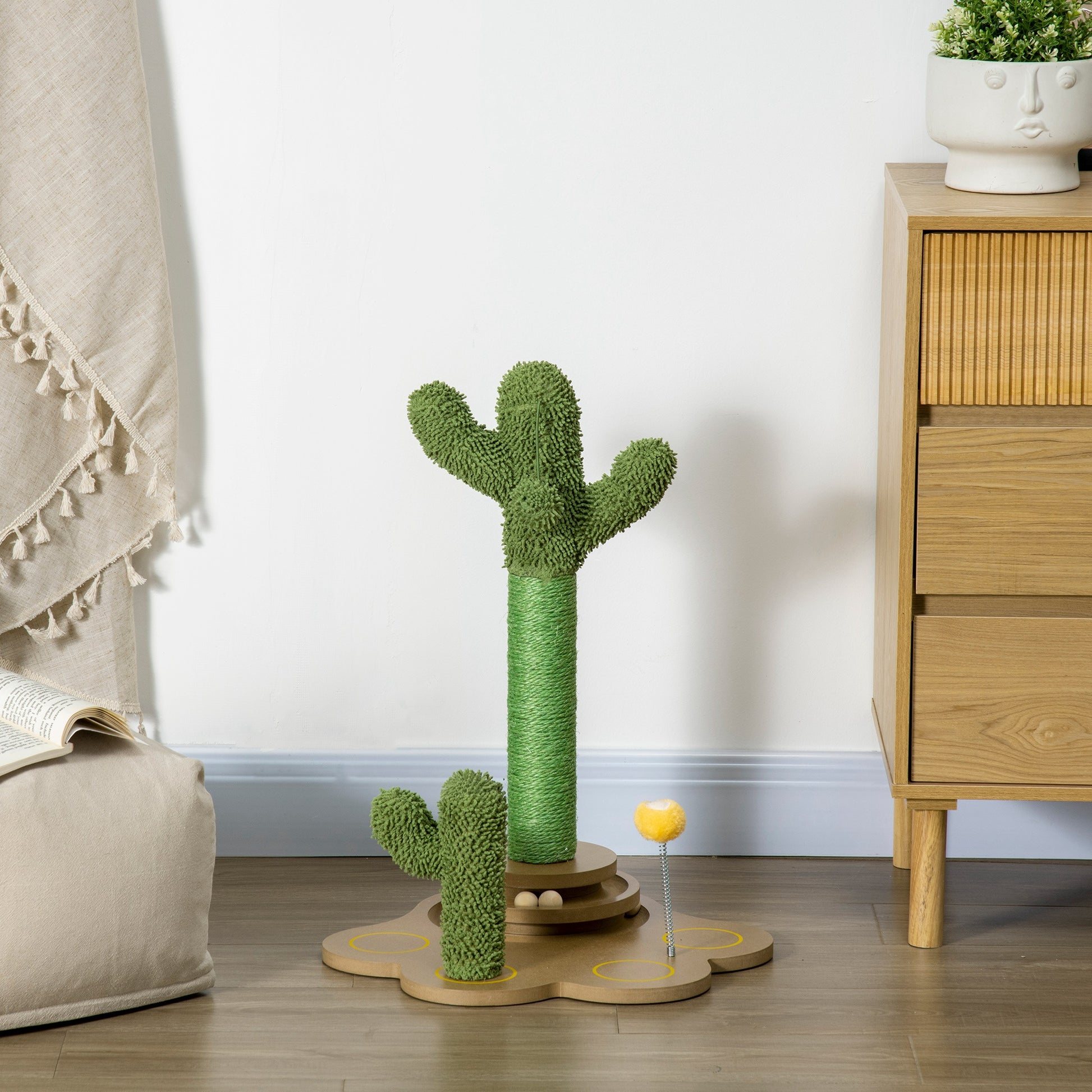 Pawhut Árbol Rascador Para Gatos Con Postes De Cactus Y Bolas 46x43x60 Cm Verde_4