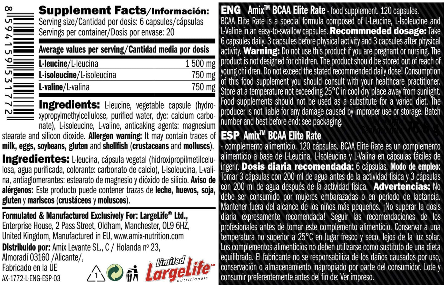 Bcaa Elite Rate 2:1:1 - 120 Cápsulas - Bcaa Ramificados - Amix Nutrition_5