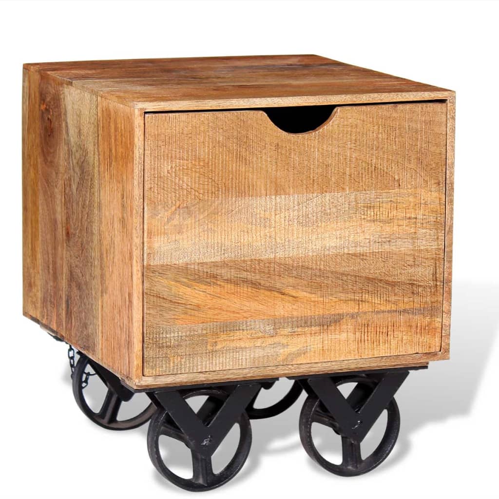 Mesa Auxiliar Con Cajón Ruedas Madera De Mango 40x40x45 Cm_0