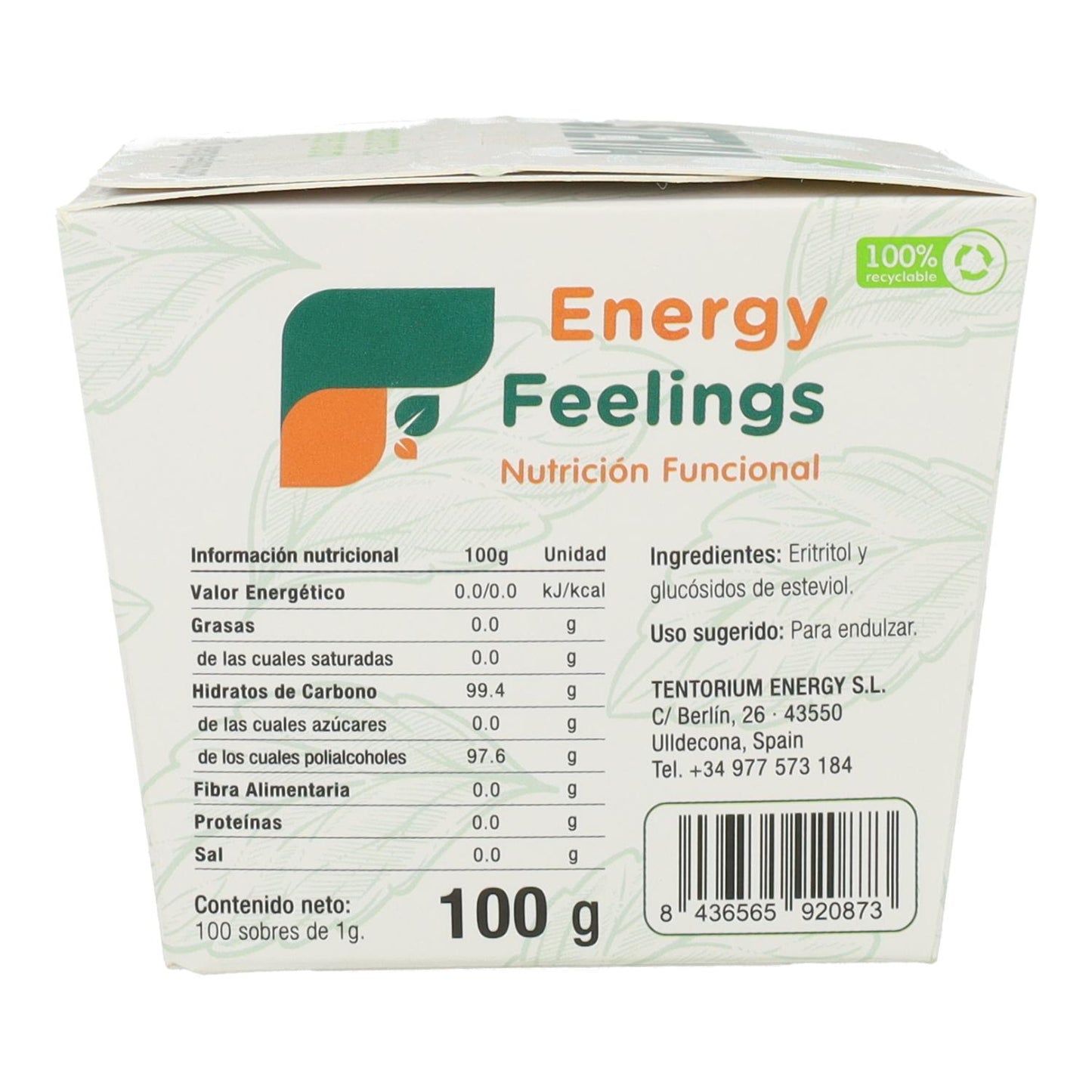 Saquetas individuais de Stevia Energy Feelings 100 unidades