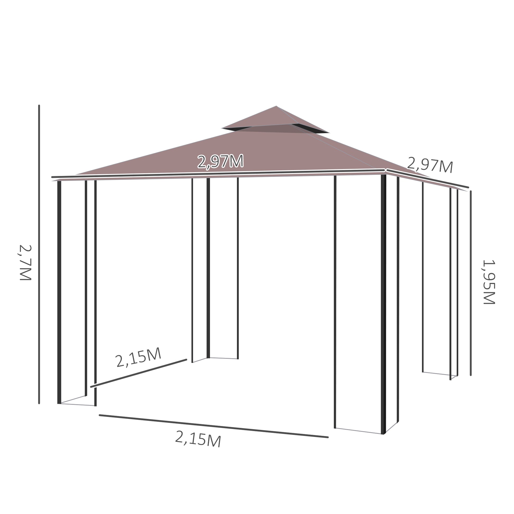Outsunny Cenador De Jardín 3x3 M Con Doble Techo 4 Mosquiteras Para Fiestas Café_2