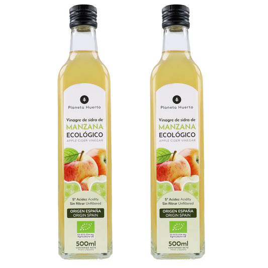 Embalagem de 2 vinagres de maçã não filtrados da Planeta Huerto, 500 ml.