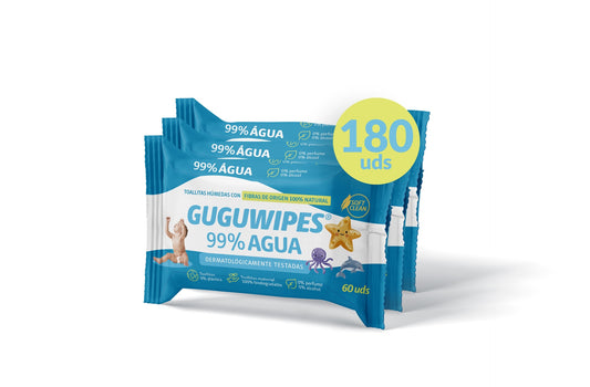 Toalhitas Guguwipes para bebé 99% água, sem plástico, embalagem de 3 x 60 unidades.