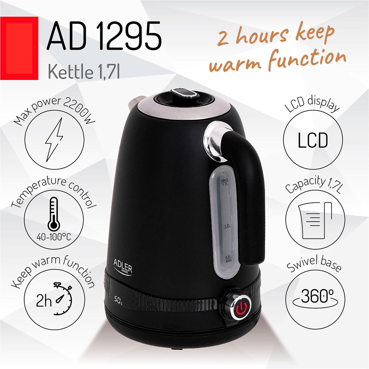 Hervidor Agua Eléctrico, Capacidad 1,7l, Sin Bpa, Control Temperatura, Acero Inox, Inalámbrico Adler Ad1295b, 2200w_3
