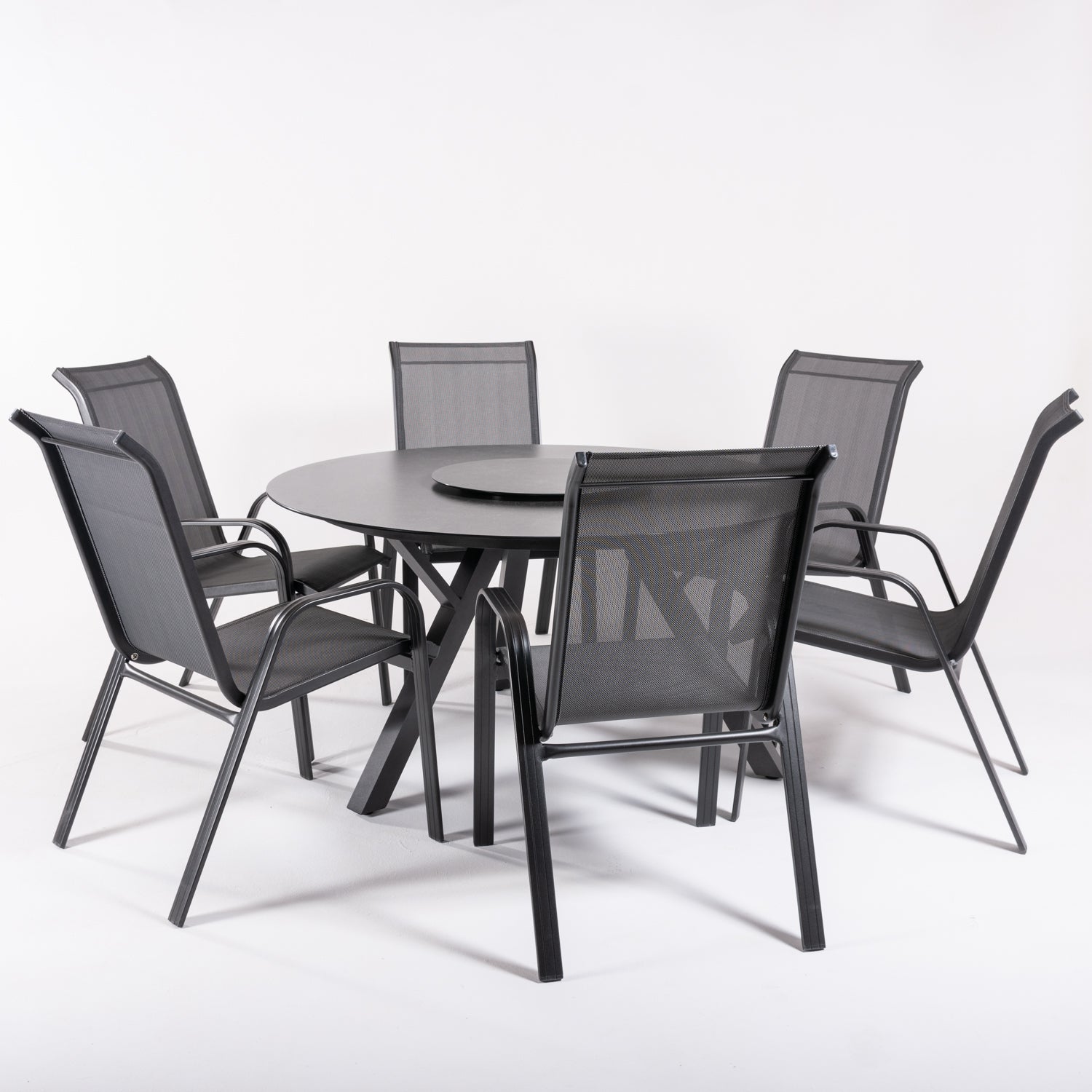 Conjunto De Mesas Y Sillas De Jardín, Redonda 135 Cm De Cristal Templado, Color Antracita + 6 Sillones De Aluminio_2