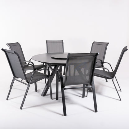 Conjunto De Mesas Y Sillas De Jardín, Redonda 135 Cm De Cristal Templado, Color Antracita + 6 Sillones De Aluminio_2