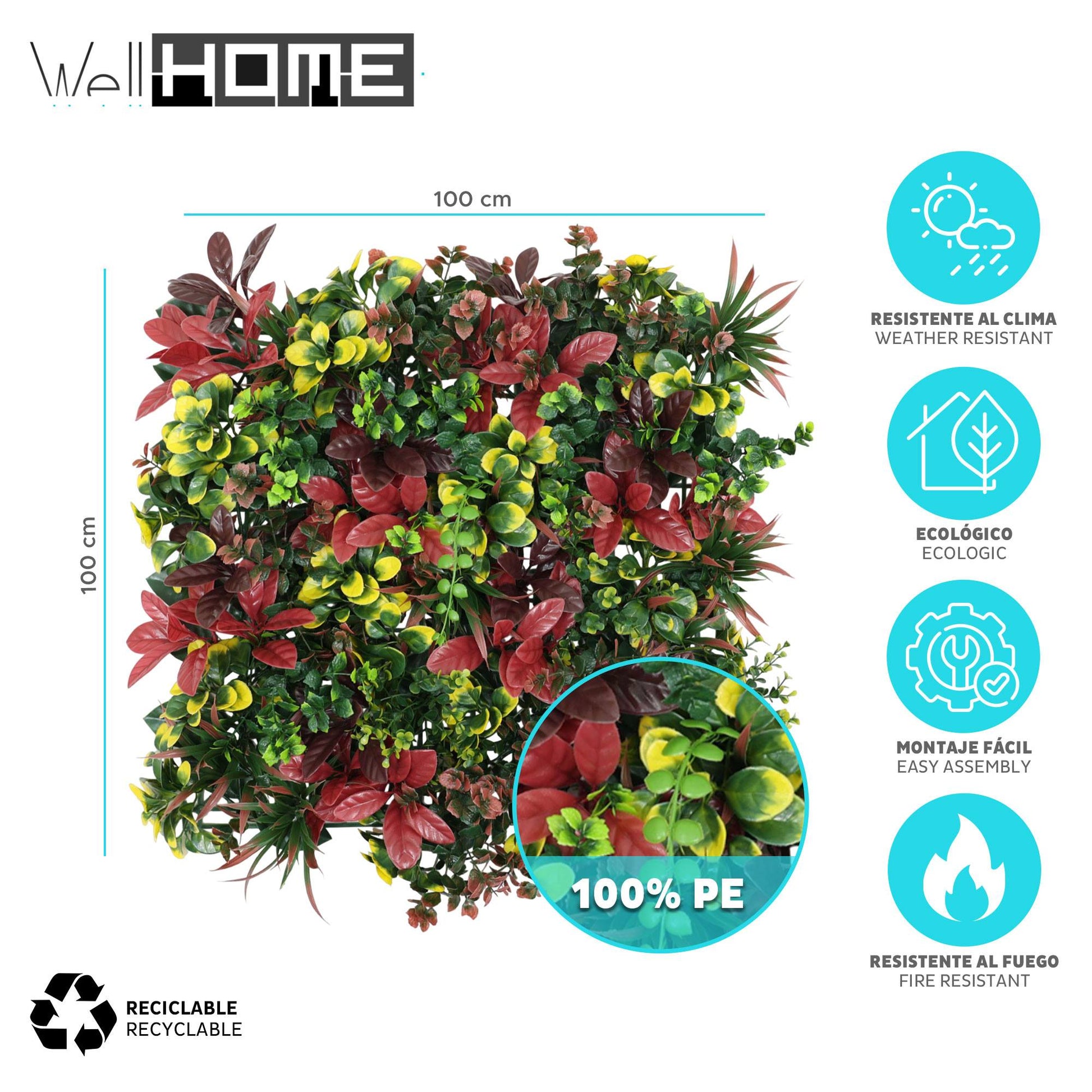 Jardín Vertical Artificial 100x100cm Well Home En Tonos Rojos Y Verdes Naturales_1