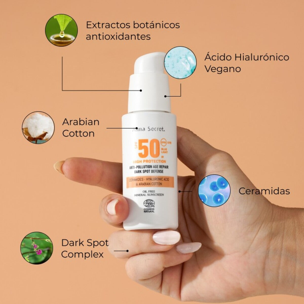 Solar Facial Golden SPF 50 con ceramidas, antimanchas y Oil-Free, Alma secret, 50 ml