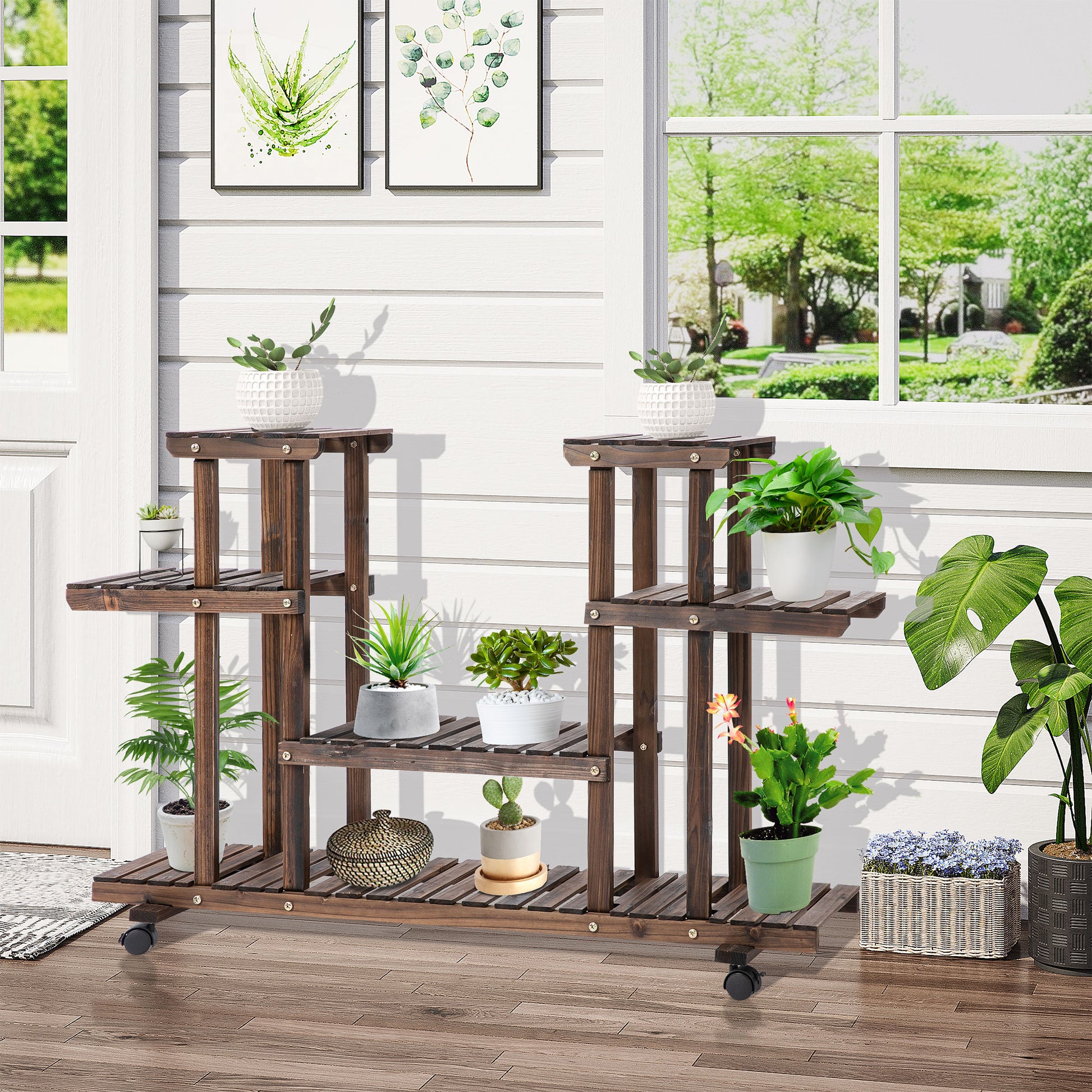 Outsunny Estantería Para Plantas De 4 Niveles Con Ruedas 123,5x33x80 Cm Marrón_1