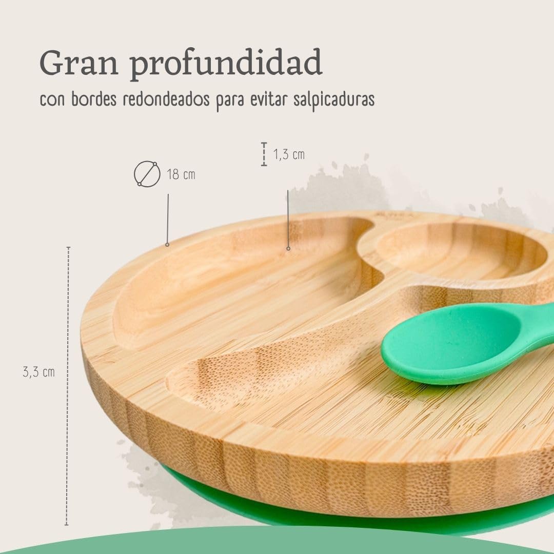 Vajilla De Bambú Natural Para Bebé Con Ventosa Antideslizante 2 Piezas Althea Living Verde Aguamarina_3
