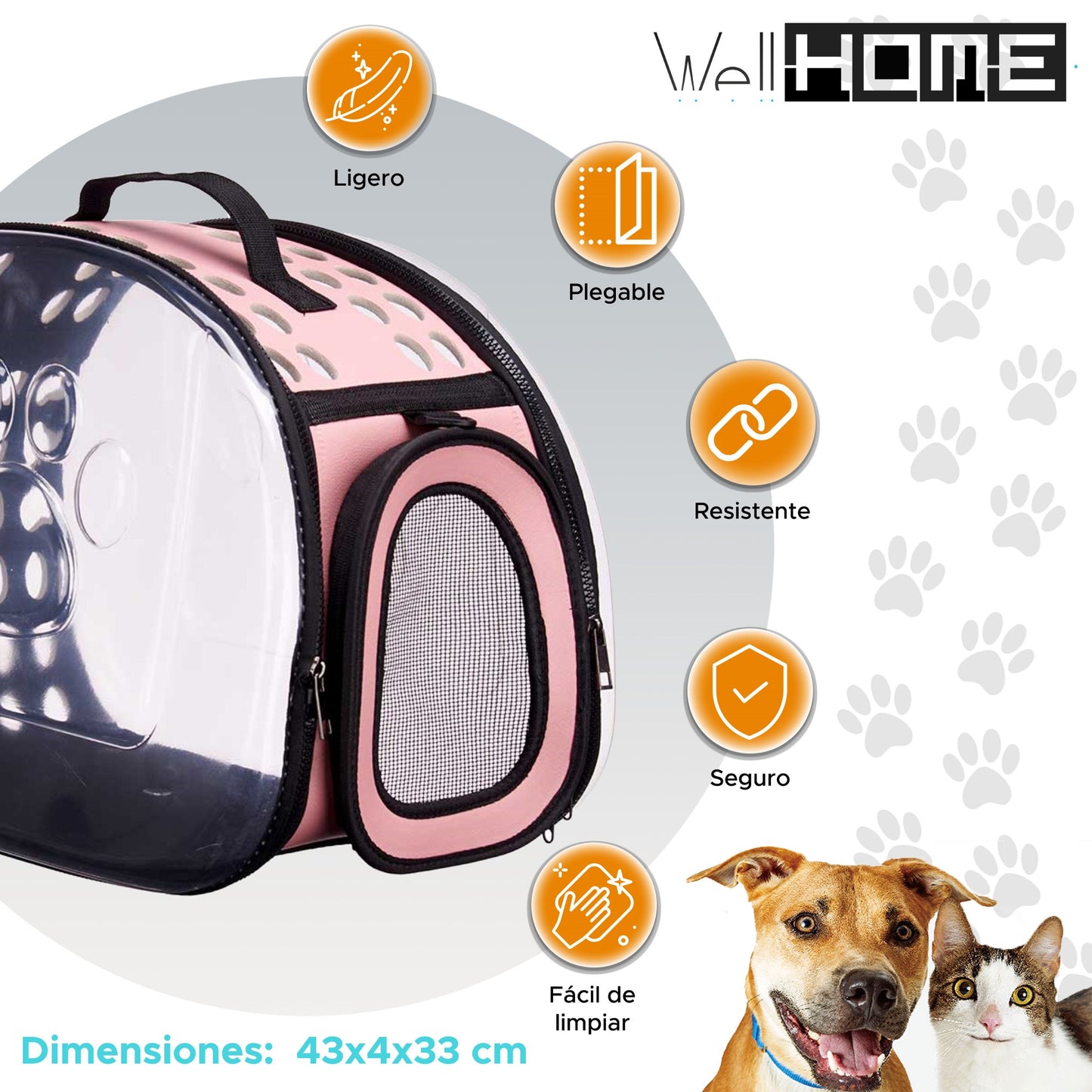 Well Home - Transportín Grande Plegable Para Mascotas 43x4x33cm Color Rosa_1