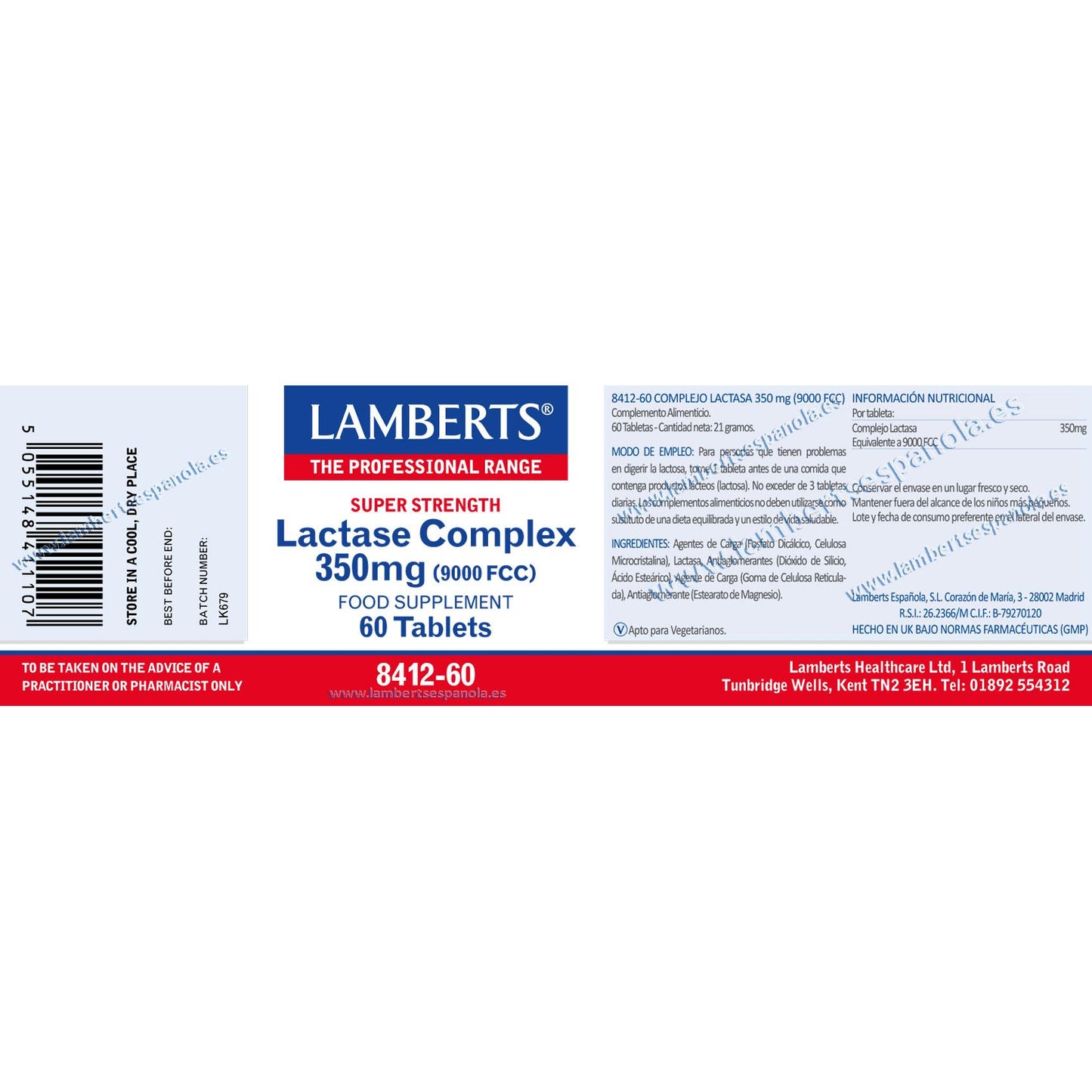 Enzima Digestiva Lactase em comprimidos Lamberts 350 mg