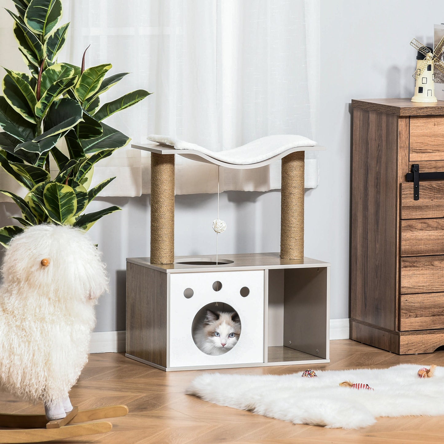 Pawhut Árbol Para Gatos Altura 74cm Con Caseta Madera Poste Bola Colgante Caja_1