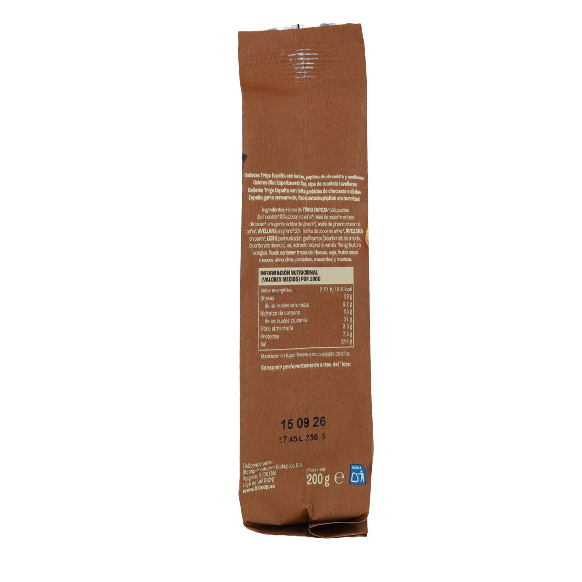 Galletas Cookies de trigo espelta con pepitas de chocolate y avellanas Biocop 200g