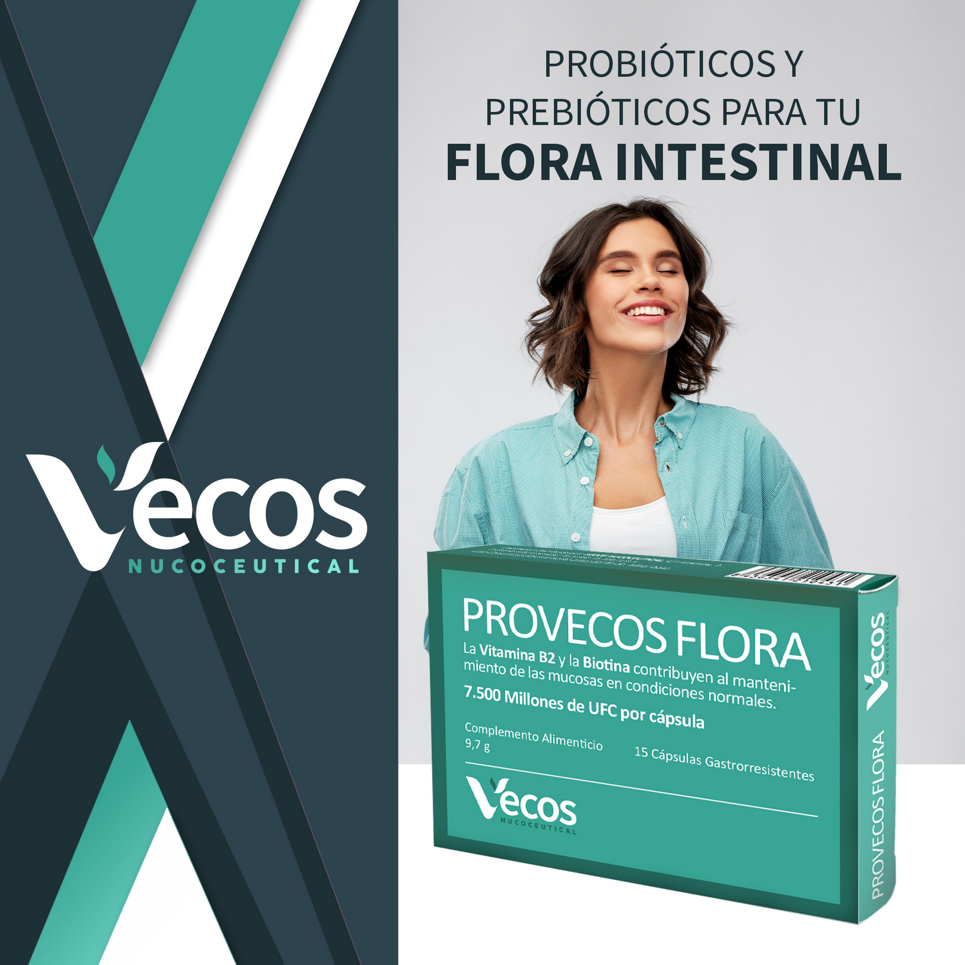 Provecos Flora VECOS (15 cápsulas) | Regenera flora intestinal | 3 cepas + FOS | Con Biotina + Vitamina B2_1