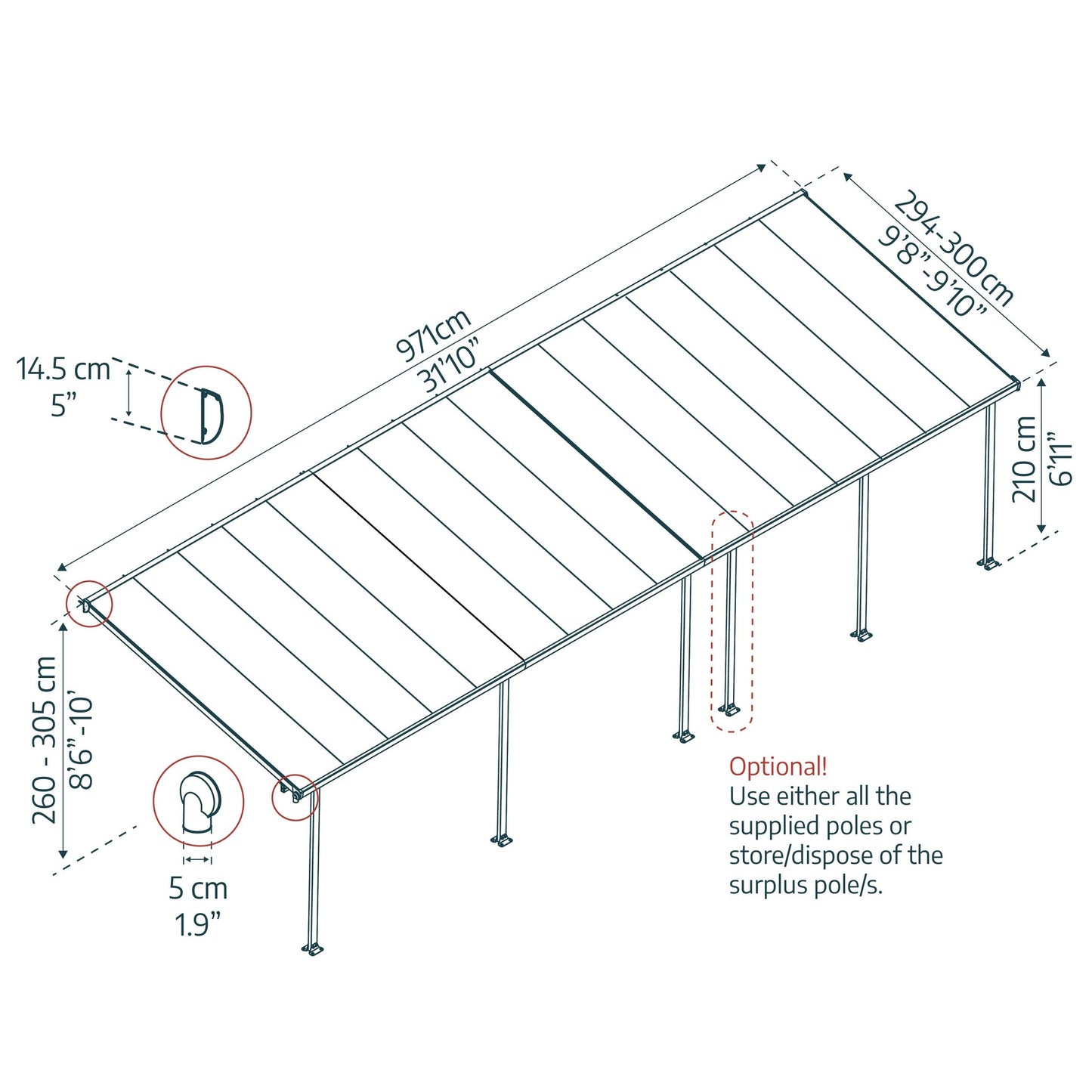 Pérgola anexa Feria 300x971 cm cinzento 